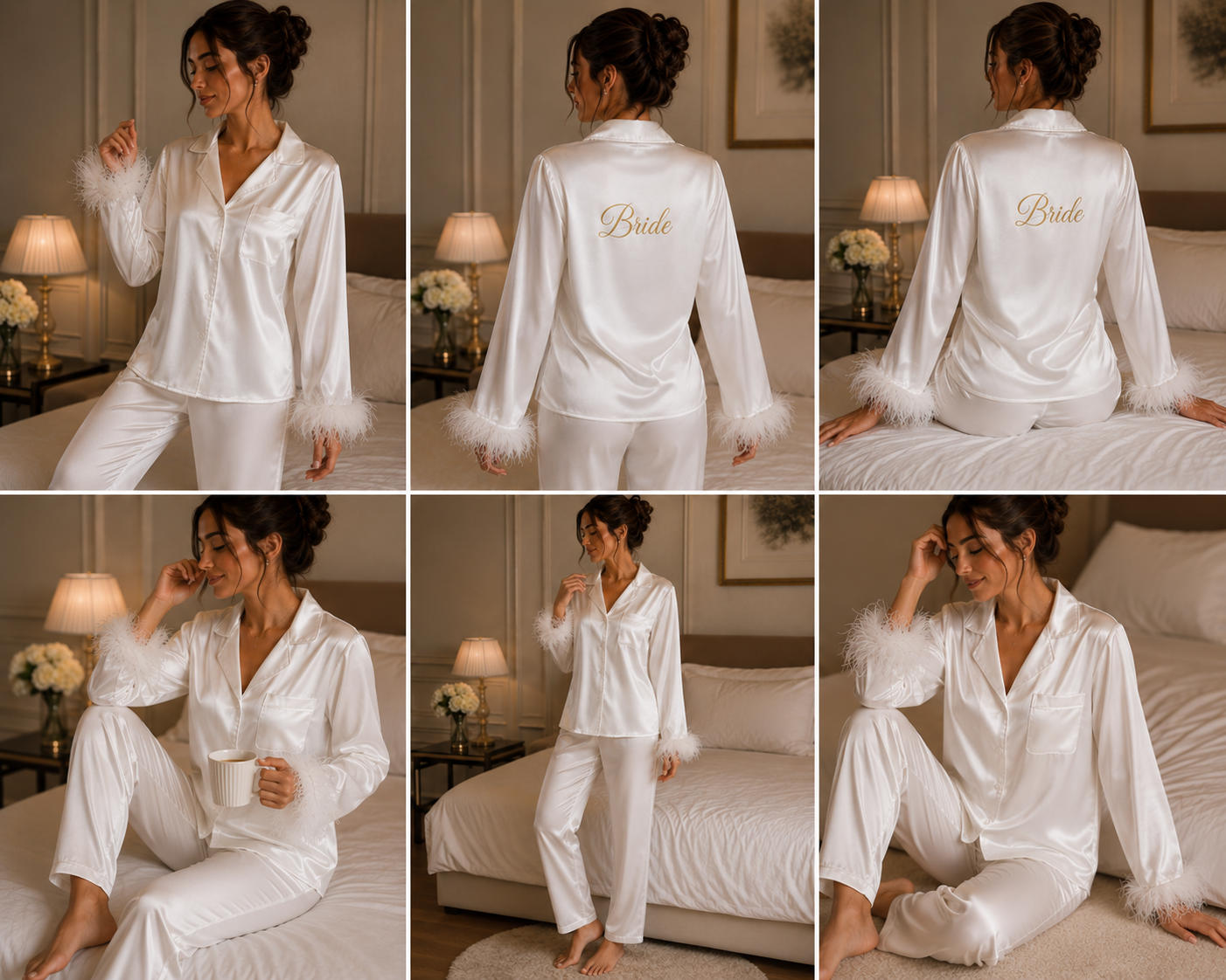 Ensemble Pyjama en satin Blanc manches longues avec plumes