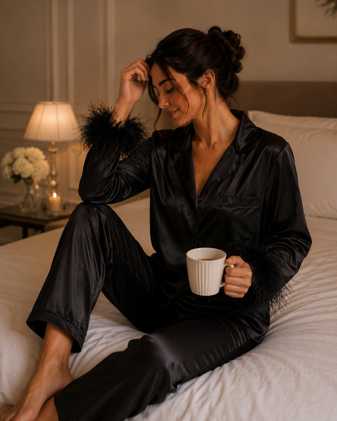 Ensemble Pyjama en satin Noir manches longues avec plumes