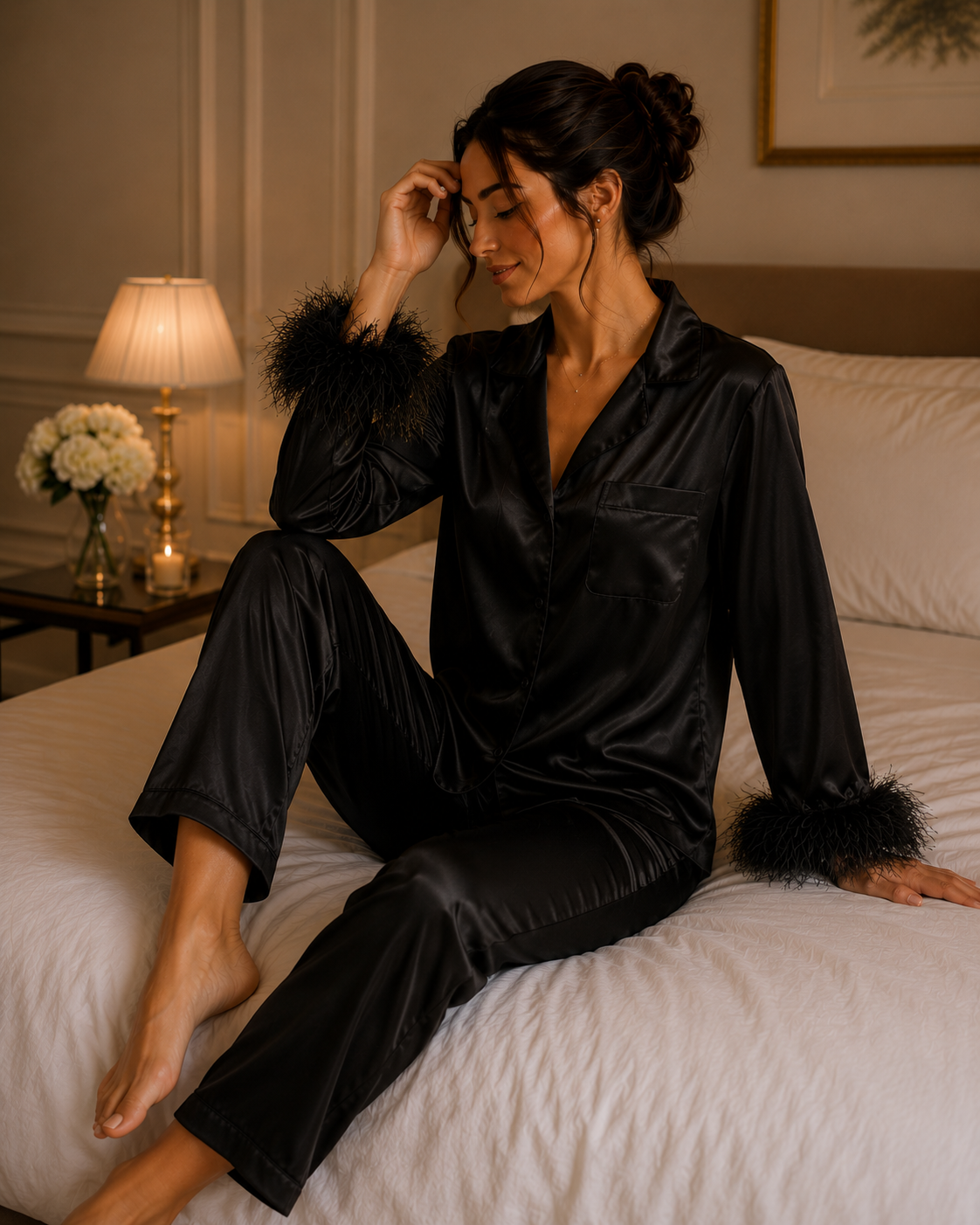 Ensemble Pyjama en satin Noir manches longues avec plumes