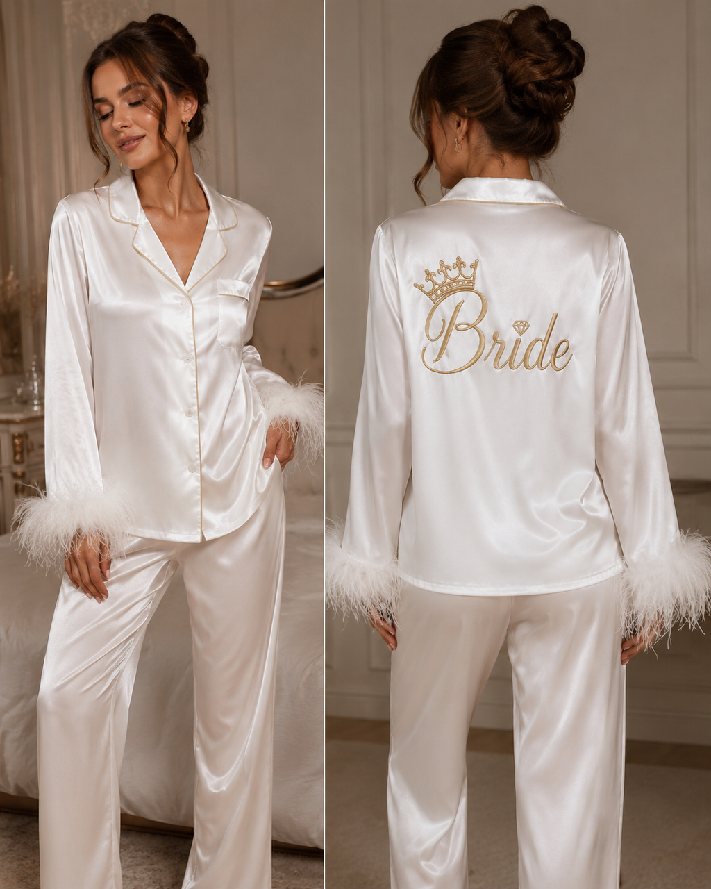 Ensemble Pyjama en satin Blanc manches longues avec plumes