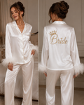 Ensemble Pyjama en satin Blanc manches longues avec plumes