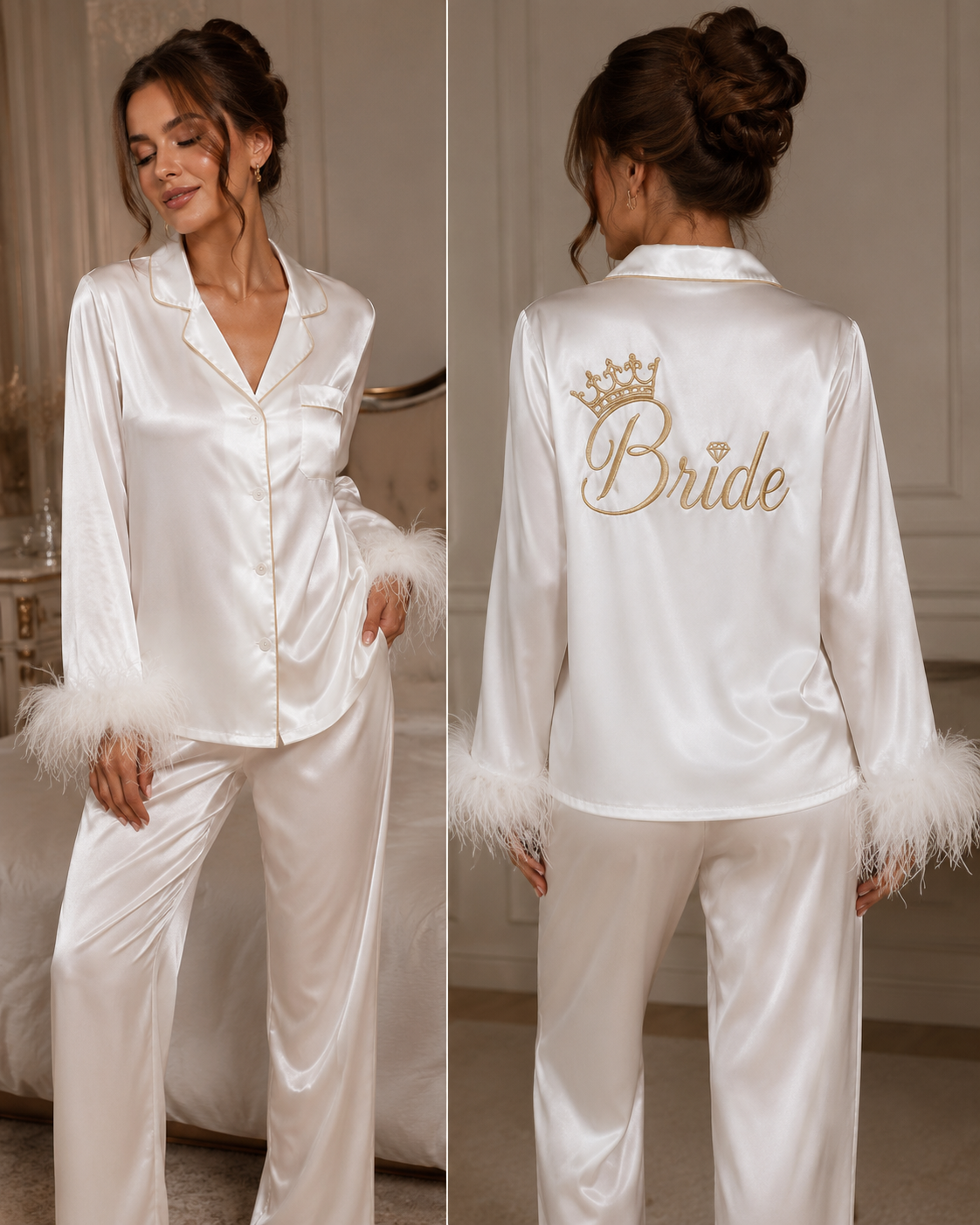 Ensemble Pyjama en satin Blanc manches longues avec plumes
