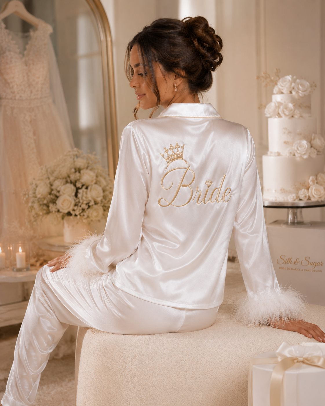 Ensemble Pyjama en satin Blanc manches longues avec plumes